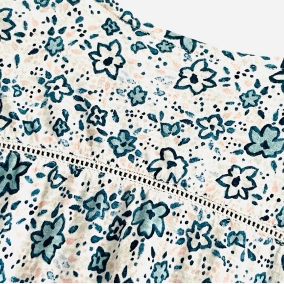 Lucky Brand Ruffle Hem Blouse Puff Sleeve V-neck Floral Teal Blue Green Size S - Picture 8 of 12